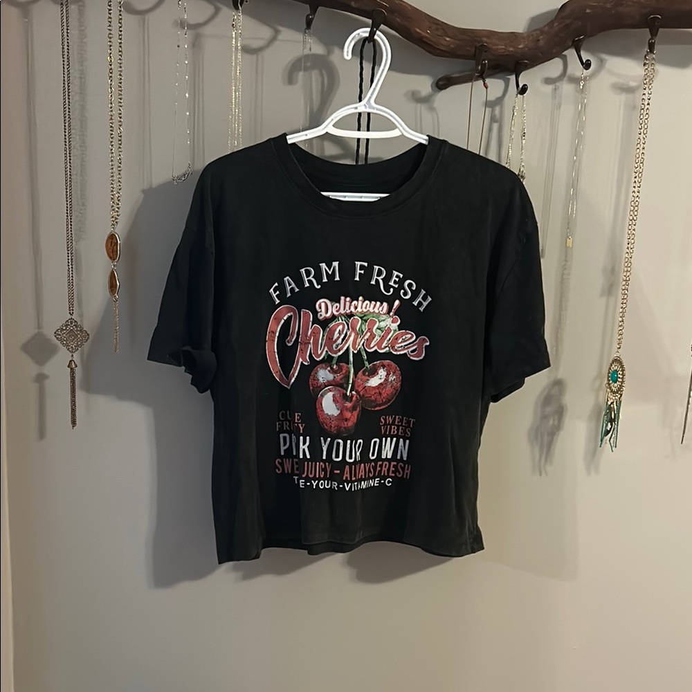 Black Graphic Tee with Cherry Design